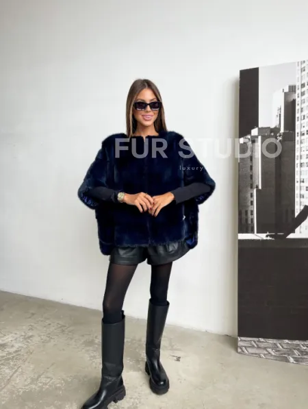Норковый свитер на молнии в цвете индиго - фото 2