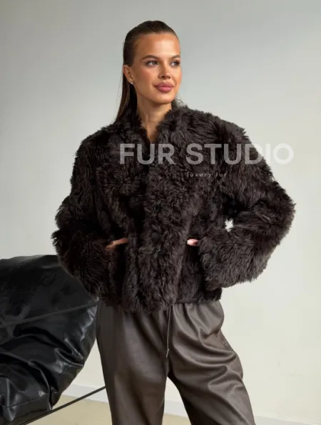 Дубленка кроп-топ из овчины калган - фото 0