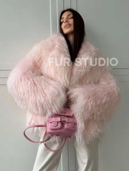 Шуба из меха ламы - цвет розовый - фото 8