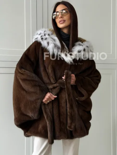 Норковая шуба с капюшоном по рысь - фото 0