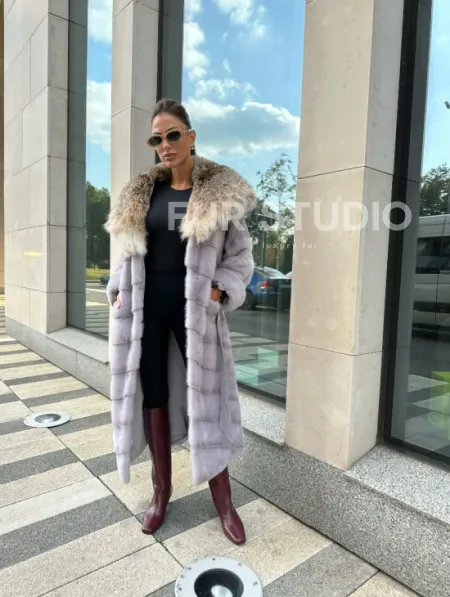 норковая шуба с капюшоном из меха рыси цвет серый сапфир - фото 5