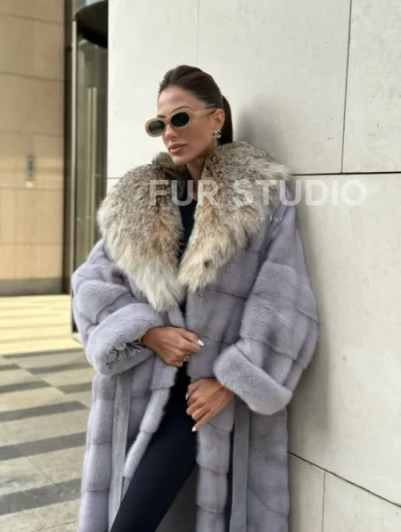 норковая шуба с капюшоном из меха рыси цвет серый сапфир - фото 0