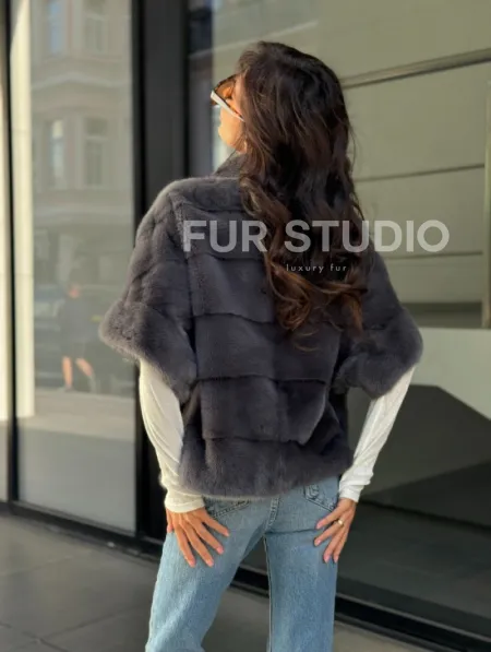 Норковый пуховик/жилет 2в1 - светлый графит - фото 6