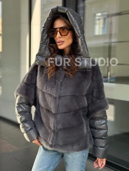 Норковый пуховик/жилет 2в1 - светлый графит - фото 4