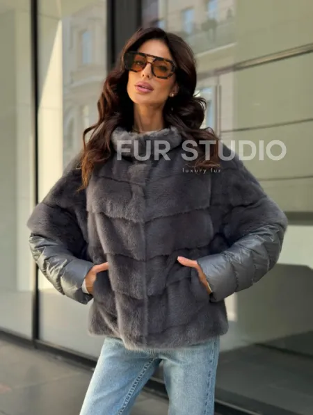 Норковый пуховик/жилет 2в1 - светлый графит - фото 7