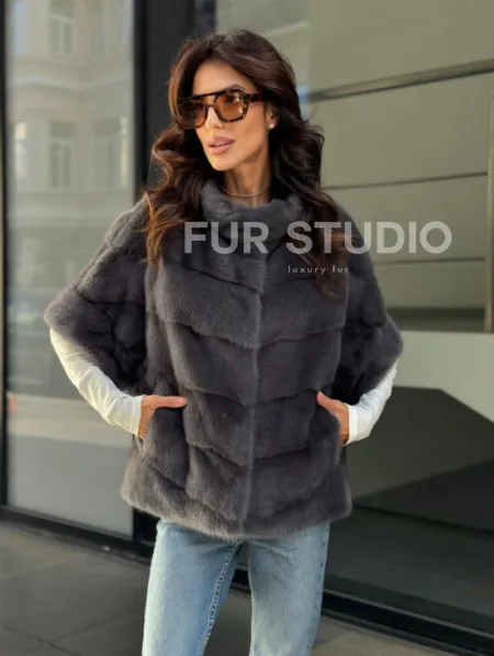 Норковый пуховик/жилет 2в1 - светлый графит - фото 5