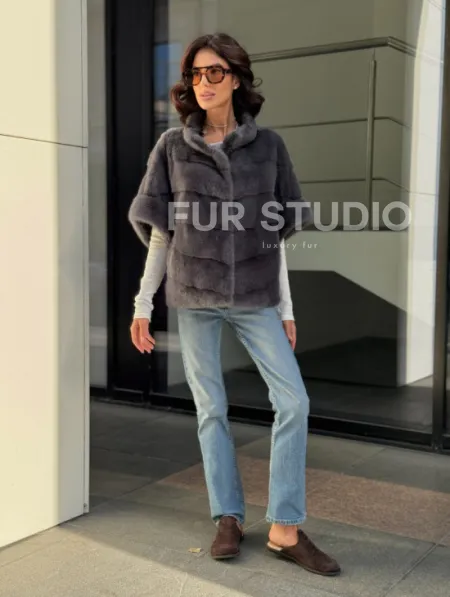 Норковый пуховик/жилет 2в1 - светлый графит - фото 8