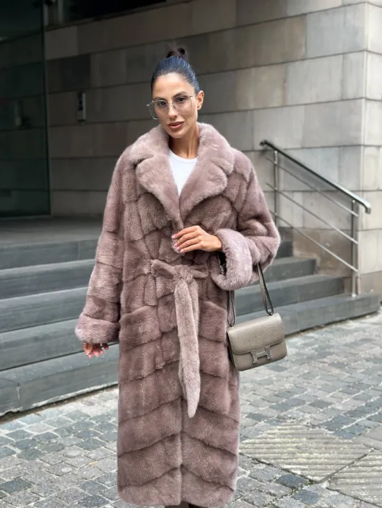 Шуба из меха норки с английским воротником - цвет пыльная роза - фото 3