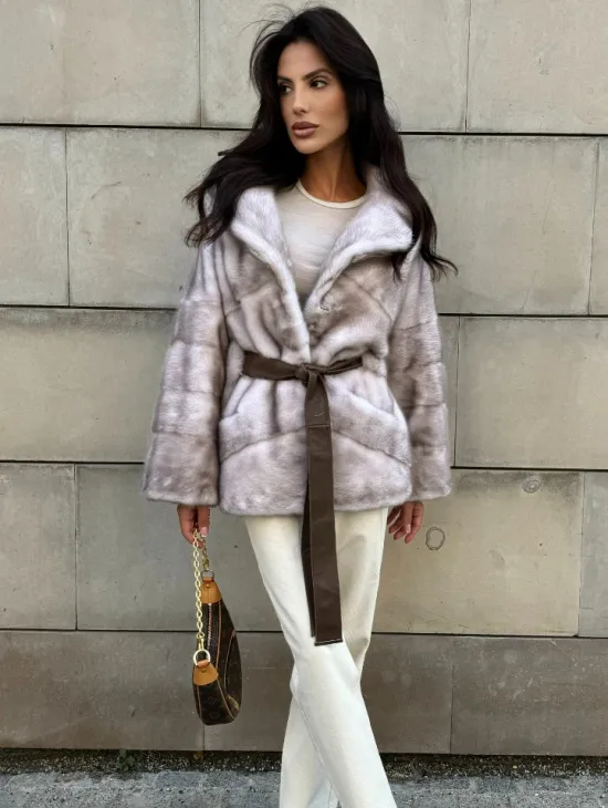 Укороченная шуба из меха норки модель кимоно - цвет колотый лед - фото 8