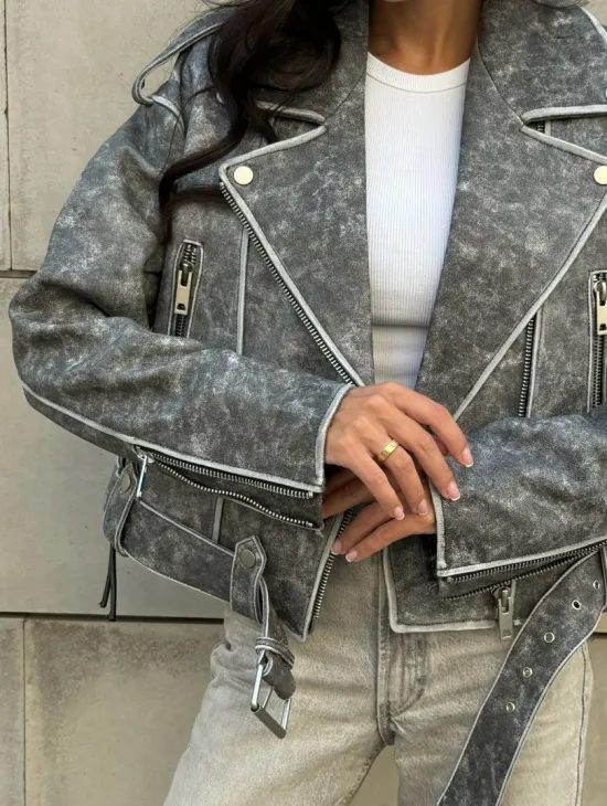 Косуха из натуральной кожи Vintage со шнуровкой - цвет серый - фото 3