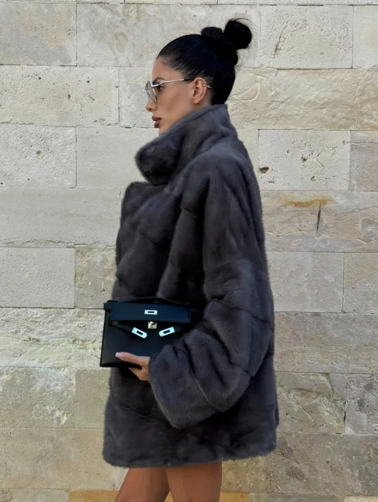 Короткая норковая шуба с английским воротником - цвет графит - фото 9