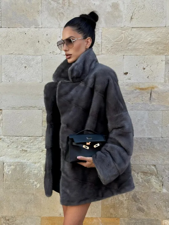 Короткая норковая шуба с английским воротником - цвет графит - фото 6