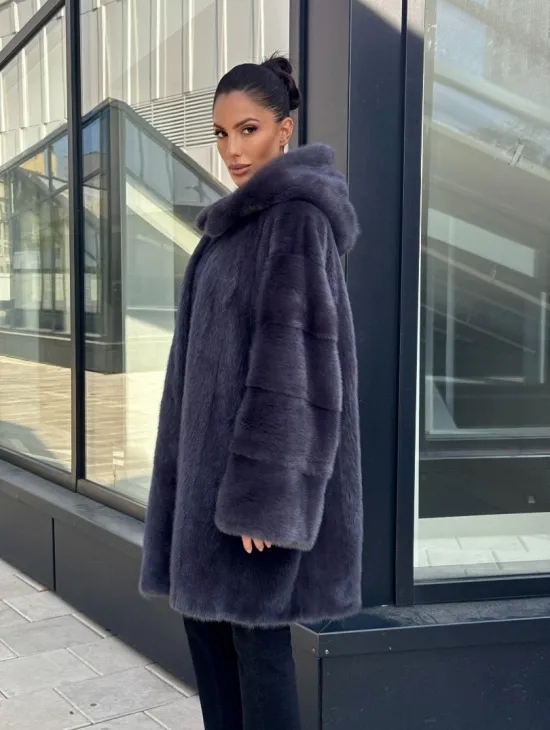 Норковая шуба с капюшоном,  роспуск - темный графит - фото 5