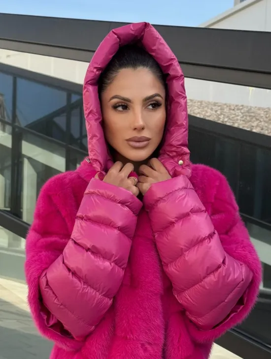 Норковая куртка трансформер 2в1 - цвет фуксия - фото 4