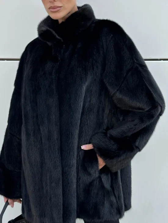 Норковая шуба полупальто из меха норки стойка воротник - фото 1