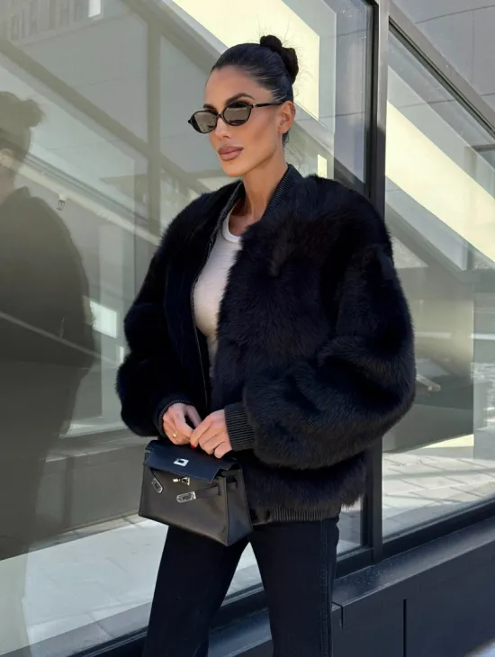 Бомбер женский из натуральной тосканы - черный - фото 0