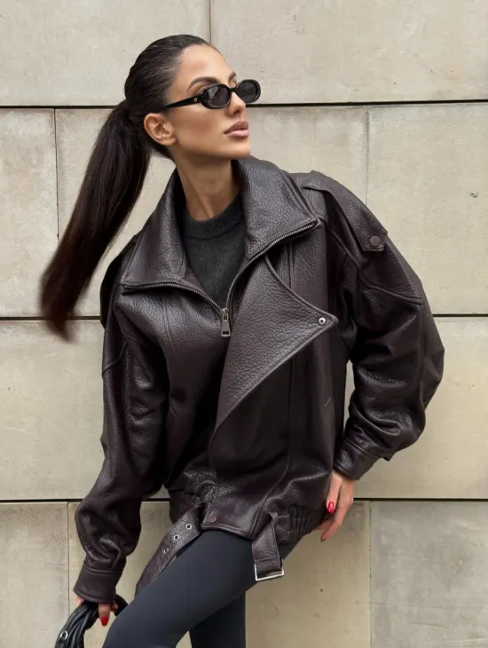 Стильная женская куртка из натуральной зернистой кожи COLLECTION DARK BURGUNDY - фото 7