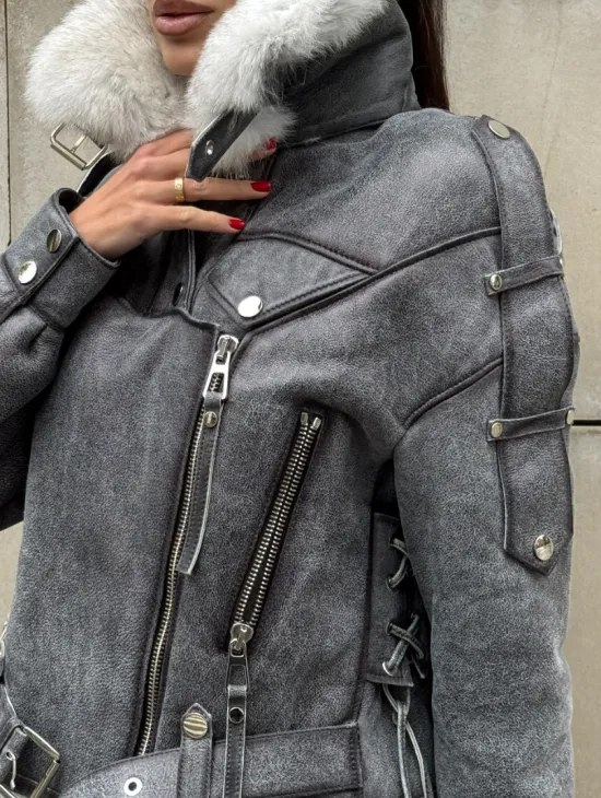 Стильная косуха-дубленка Vintage Grey с воротником из меха песца со шнуровкой на спине - фото 1