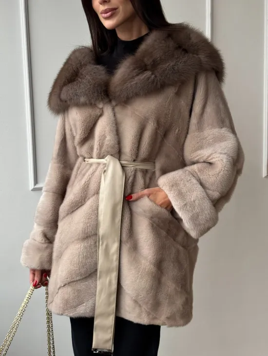 Меховое полупальто из меха норки с капюшоном куница - фото 5