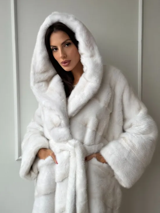 Натуральная шуба кимоно из меха норки Palomino с капюшоном кобра - фото 5