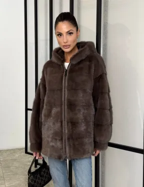 Норковый полушубок с капюшоном на молнии - фото 10