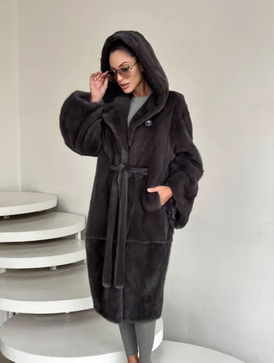 Зимняя норковая шуба с капюшоном - цвет графит - фото 10