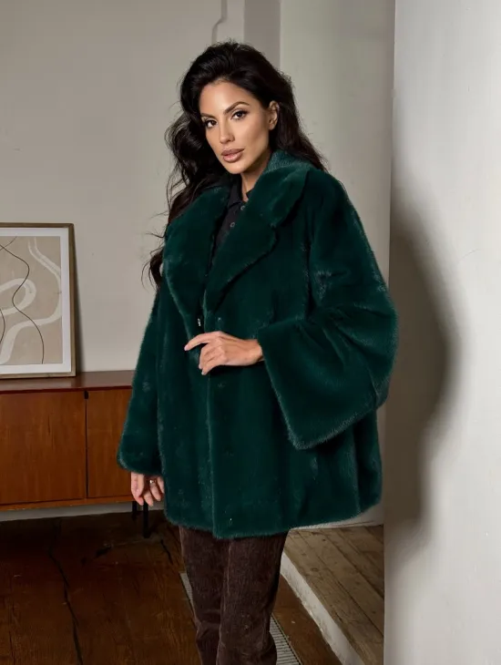 Изумрудная укороченная норковая шуба с английским воротником - фото 8
