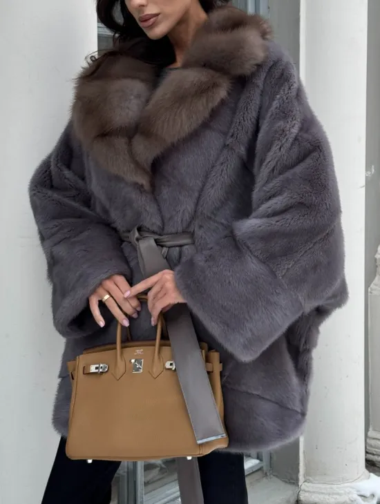 Полушубок летучая мышь из норки с воротником из куницы - цвет графит - фото 2