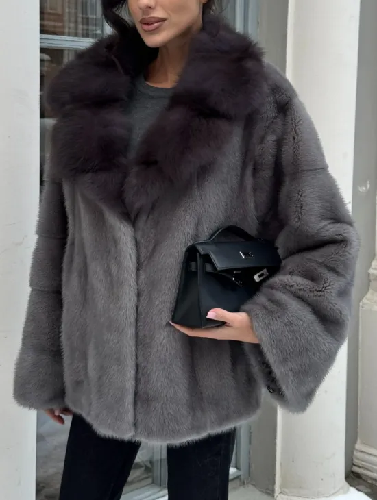Автоледи шуба норковая с воротником из меха куницы - серый графит - фото 3