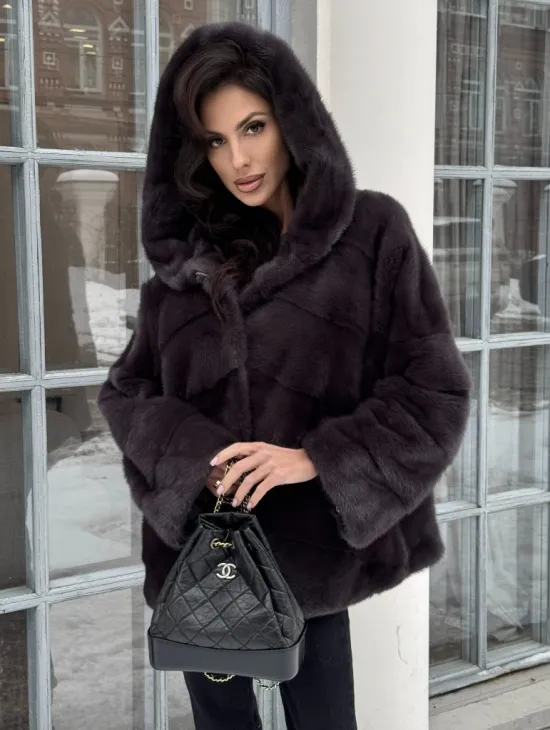 Меховой полушубок автоледи с капюшоном из меха норки графит - фото 0