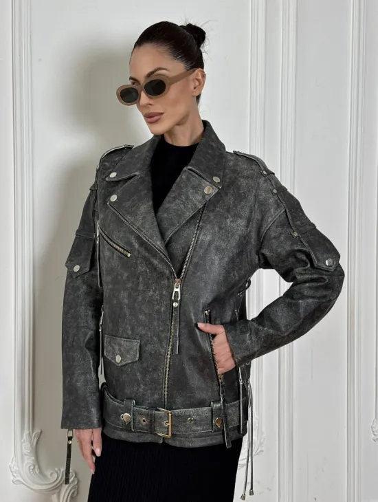 Косуха женская из натуральной кожи Vintage со шнуровкой - цвет серый - фото 6