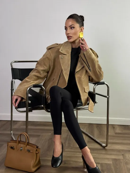 Косуха «Прямой Оверсайз» из мягкой кожи (замши) Camel - фото 0