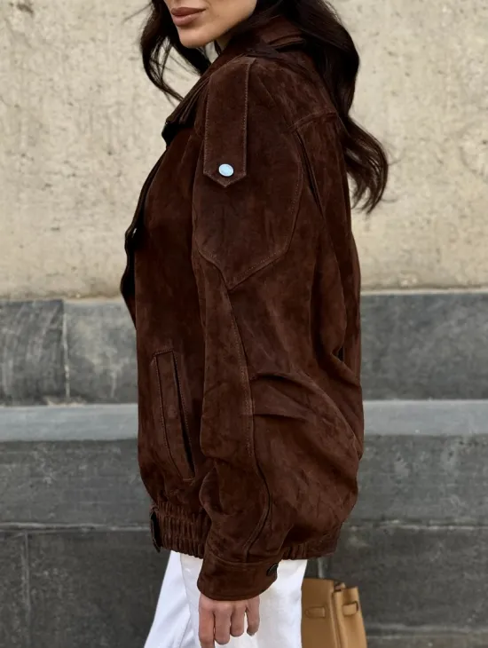 Винтажная куртка - бомбер из замши в коричневом цвете - фото 3