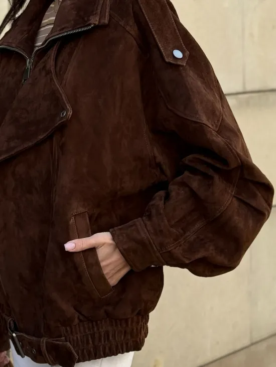 Винтажная куртка - бомбер из замши в коричневом цвете - фото 1