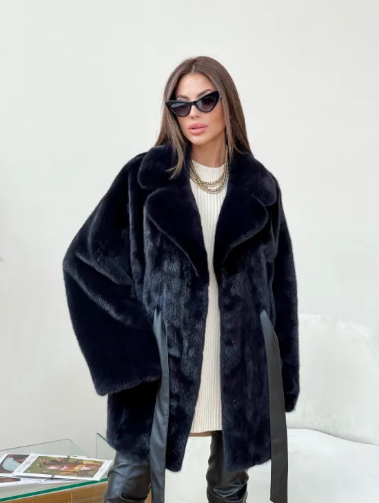 Полушубок из плюшевой норки с английским воротником - цвет инфинити - фото 1