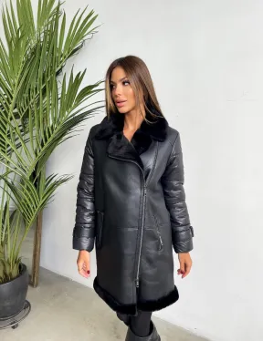 Удлиненная черная дубленка авиатор - фото 0