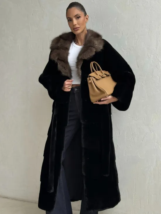 Черная норковая шуба - воротник куница - фото 3