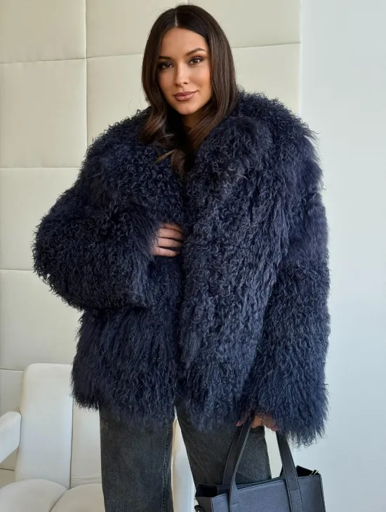 Шуба из ламы - цвет джинс - фото 0
