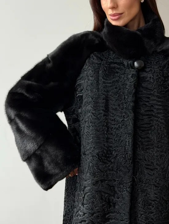 Шуба из каракуля с норкой - стойка воротник - фото 1