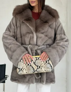 Серый норковый полушубок - капюшон куница - фото 2