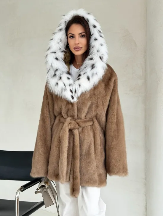 Шуба норковая пастель в роспуск с капюшоном под рысь - фото 11