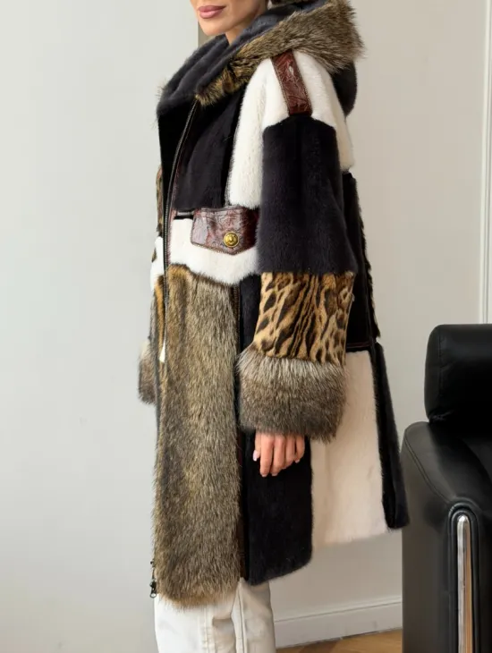 Комбинированная норковая шуба с капюшоном - фото 4