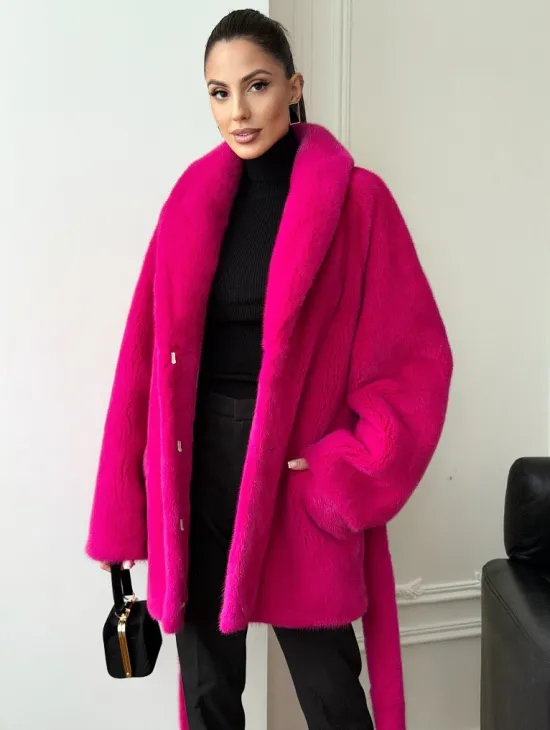 Шуба из плюшевой норки Velvet - фуксия - фото 6