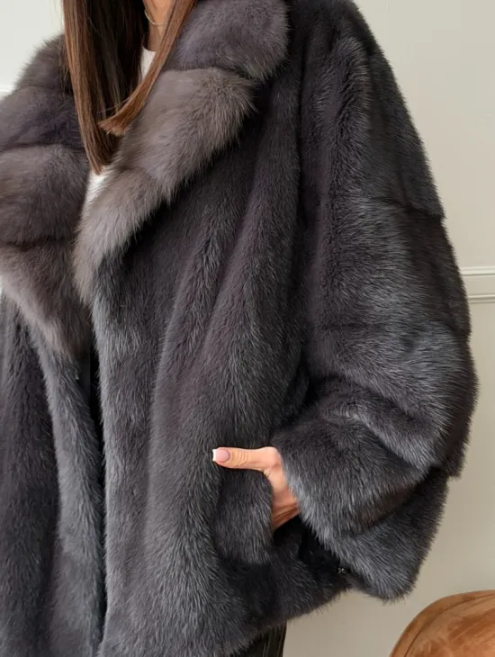 Автоледи норковая с воротником куницы - графит - фото 2