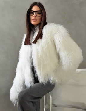 Белая кроп-шуба из меха ламы - фото 5