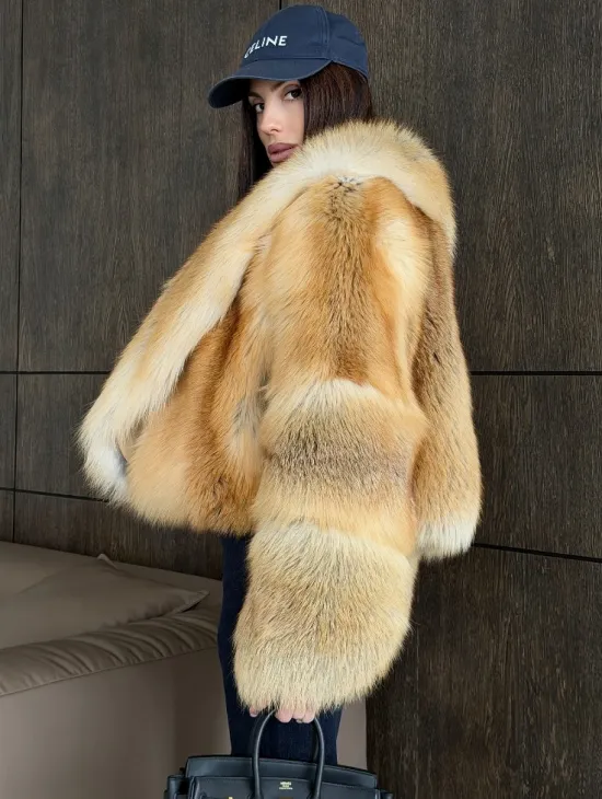 Полушубок-кроп с большим шалевым воротником из меха лисы Golden Sunrise - фото 4