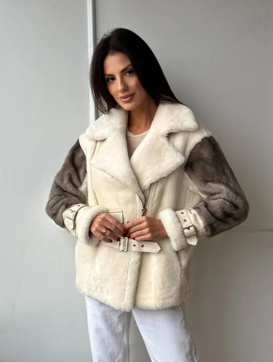 Дубленка из натуральной овчины с рукавами из меха норки - фото 0