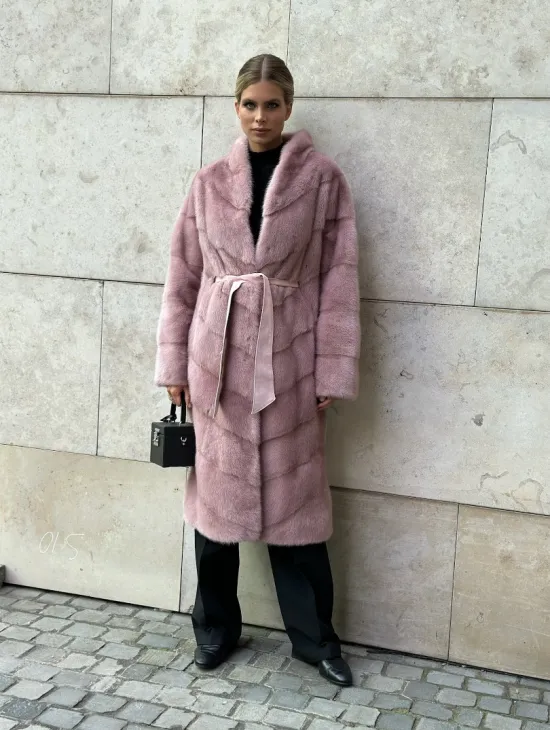 Шуба норковая с поясом - цвет розовый фламинго - фото 3