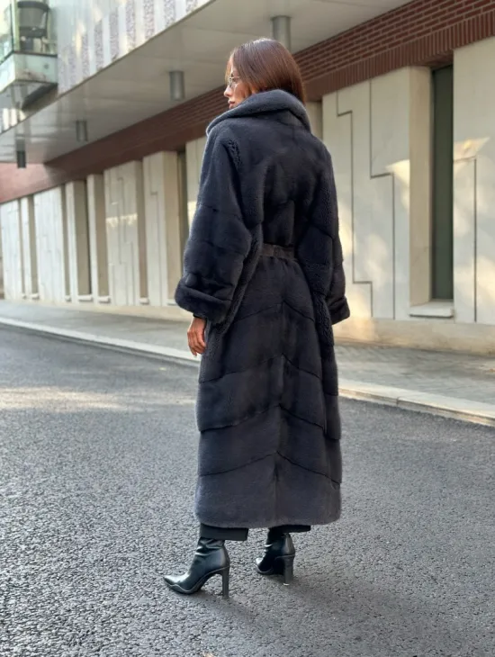 Графит длинная шуба из меха плюшевой норки VELVET - фото 3