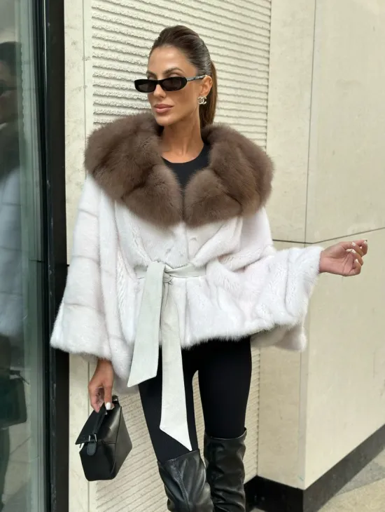 Шуба норковая пончо капюшон куница - белый жемчуг - фото 0